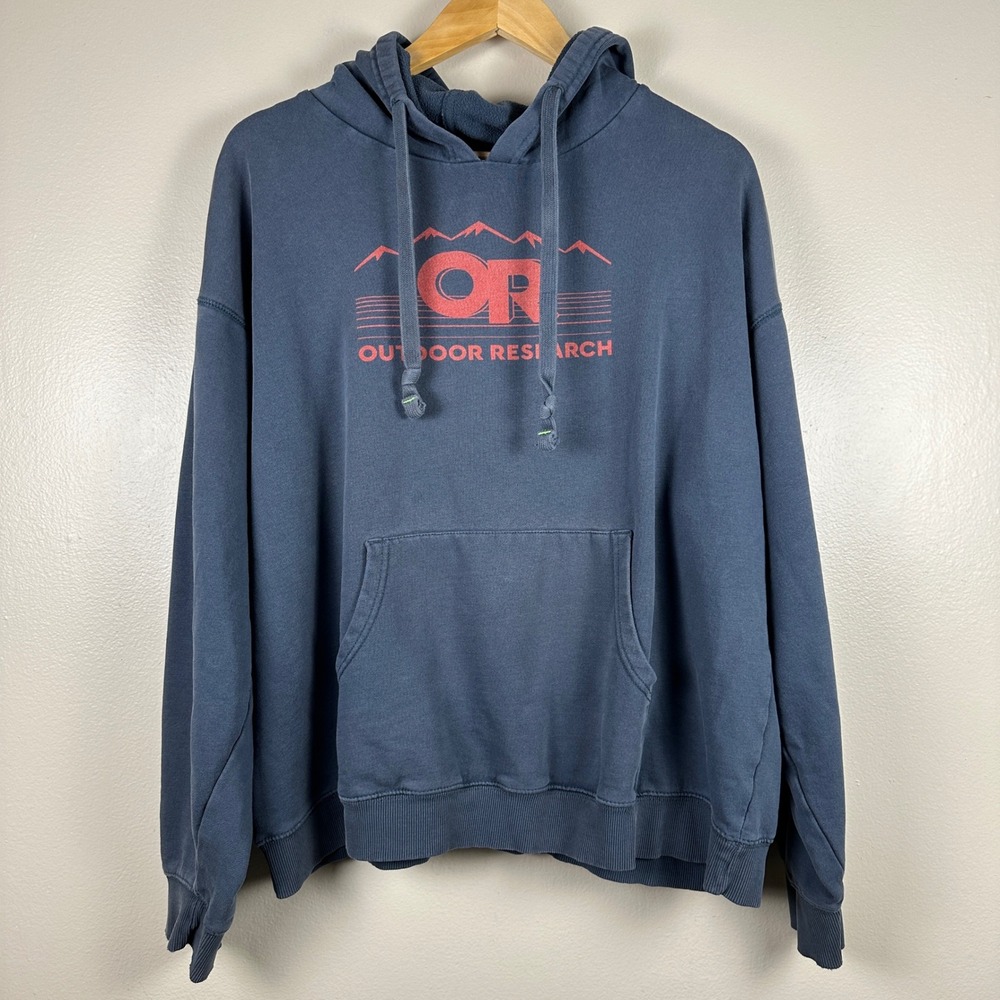 Outdoor Research Men's XL Hoodie Blue Graphic Logo Organic Cotton Blend Pullover